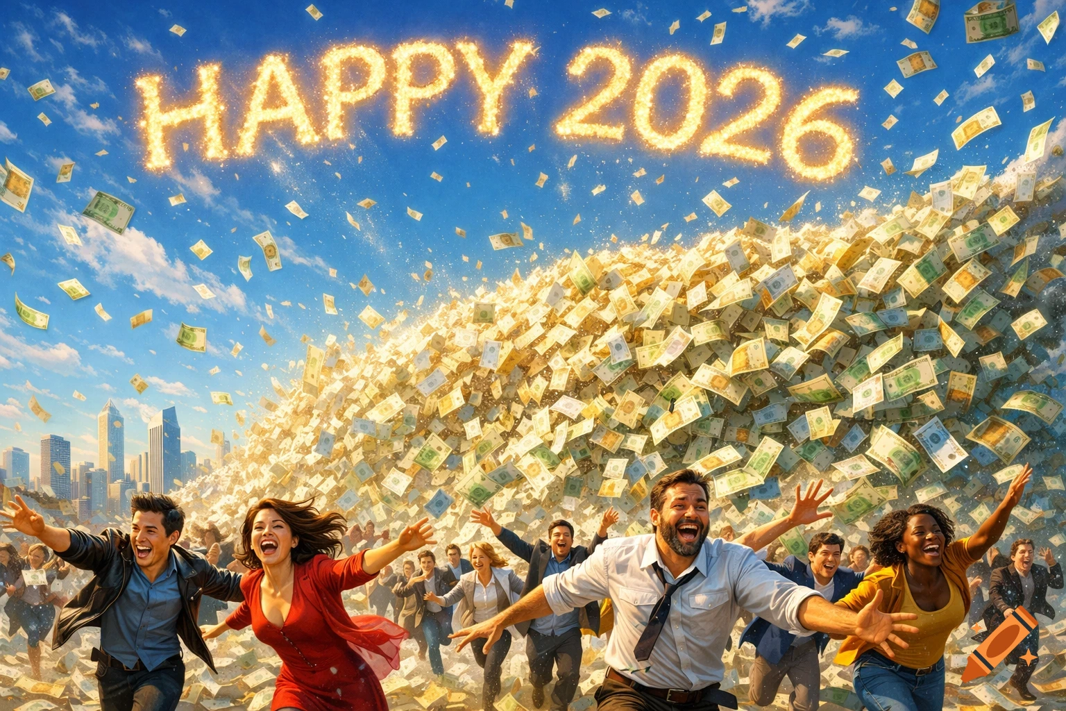 Jubilant people run from an avalanche of money under a sky with glowing 'HAPPY 2026' text above a city, photorealistic style.