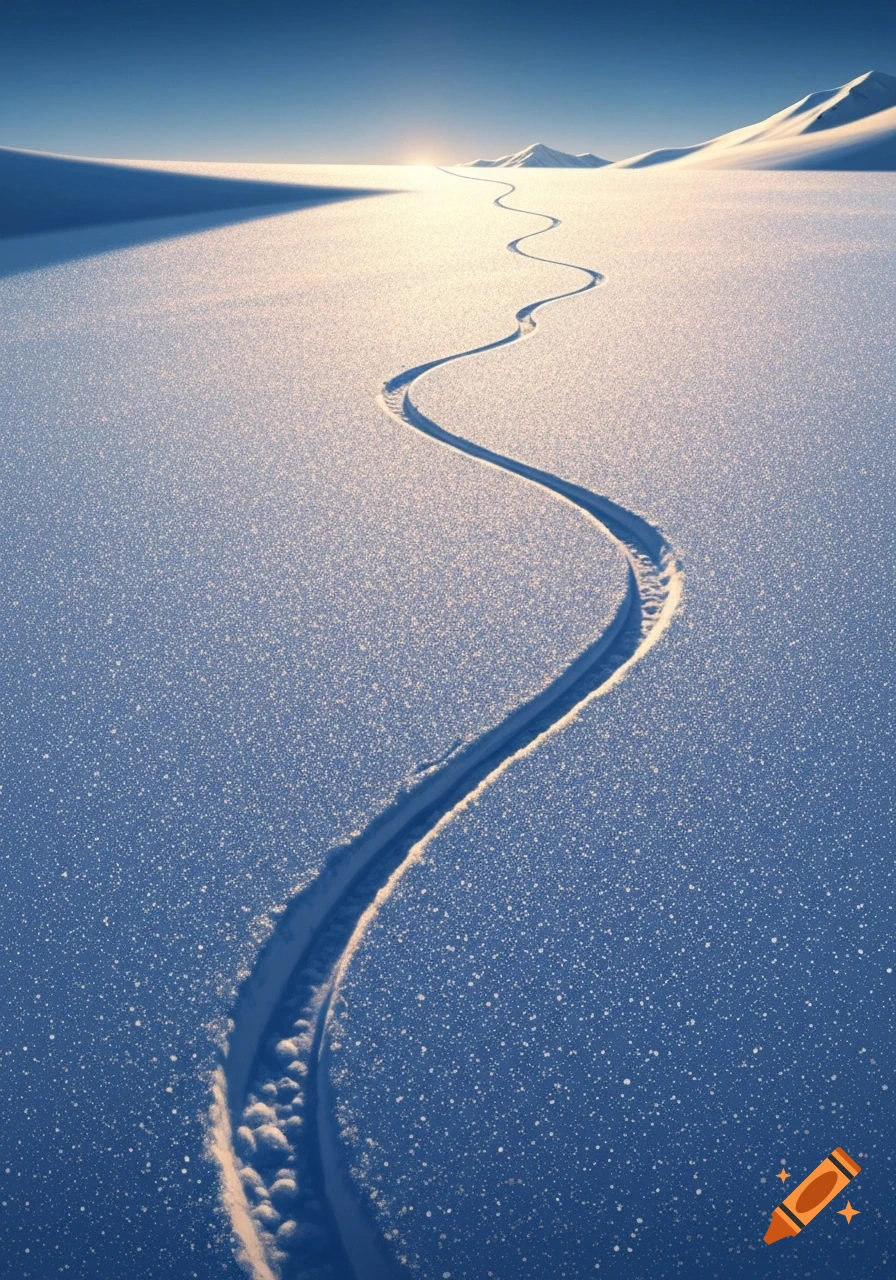 A winding ski track cuts through a vast, sparkling snowy landscape towards distant mountains under a clear blue sky.
