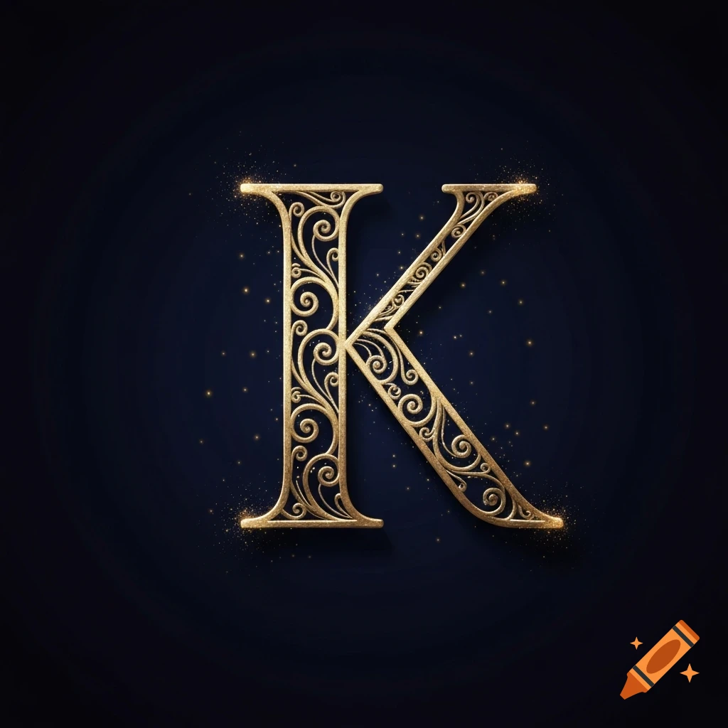 A decorative, ornate golden letter K against a dark blue background with subtle golden sparkles.