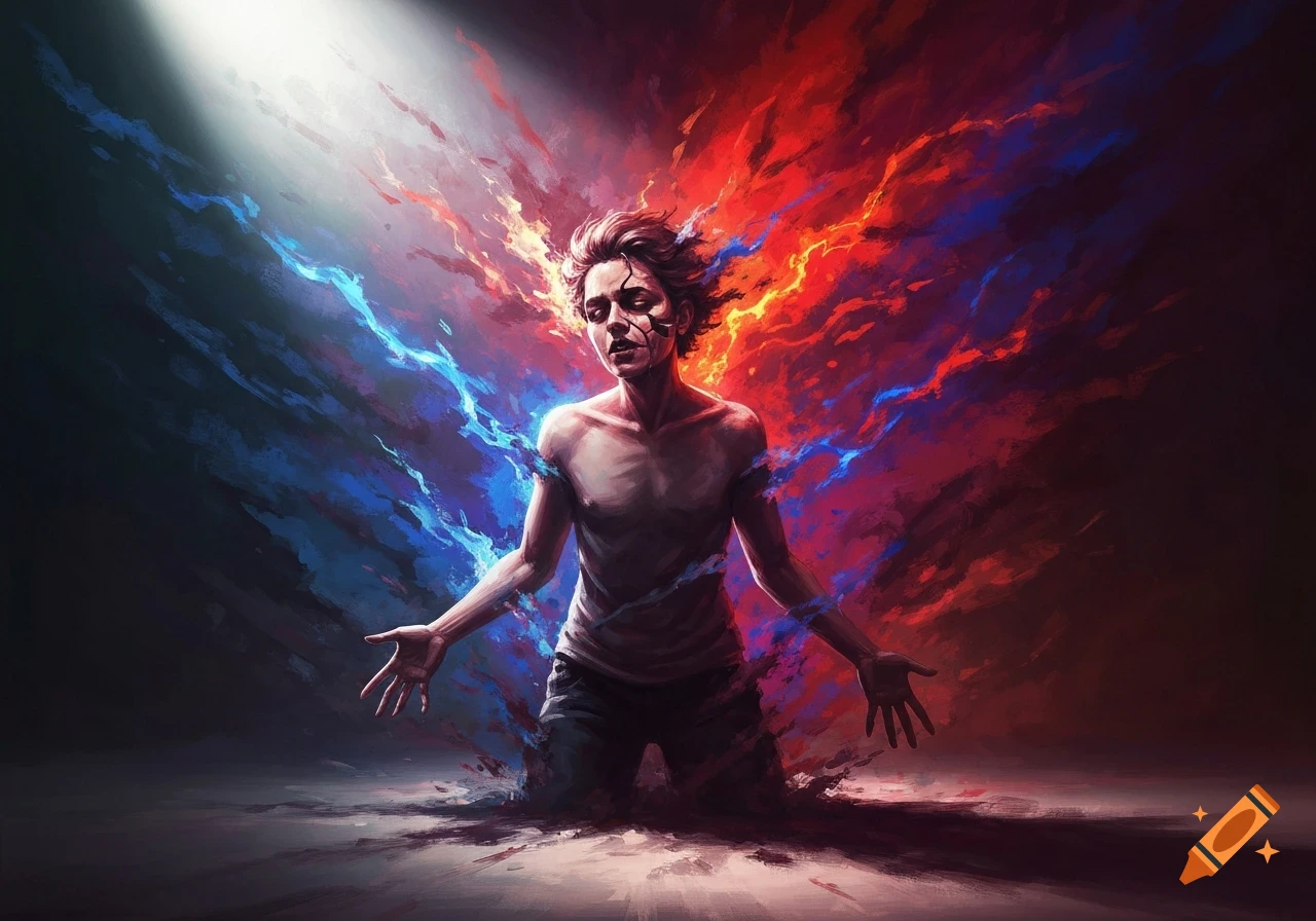 A person on their knees, with chaotic red and blue energy bursts around them, depicting emotional instability in a dramatic, painterly style.