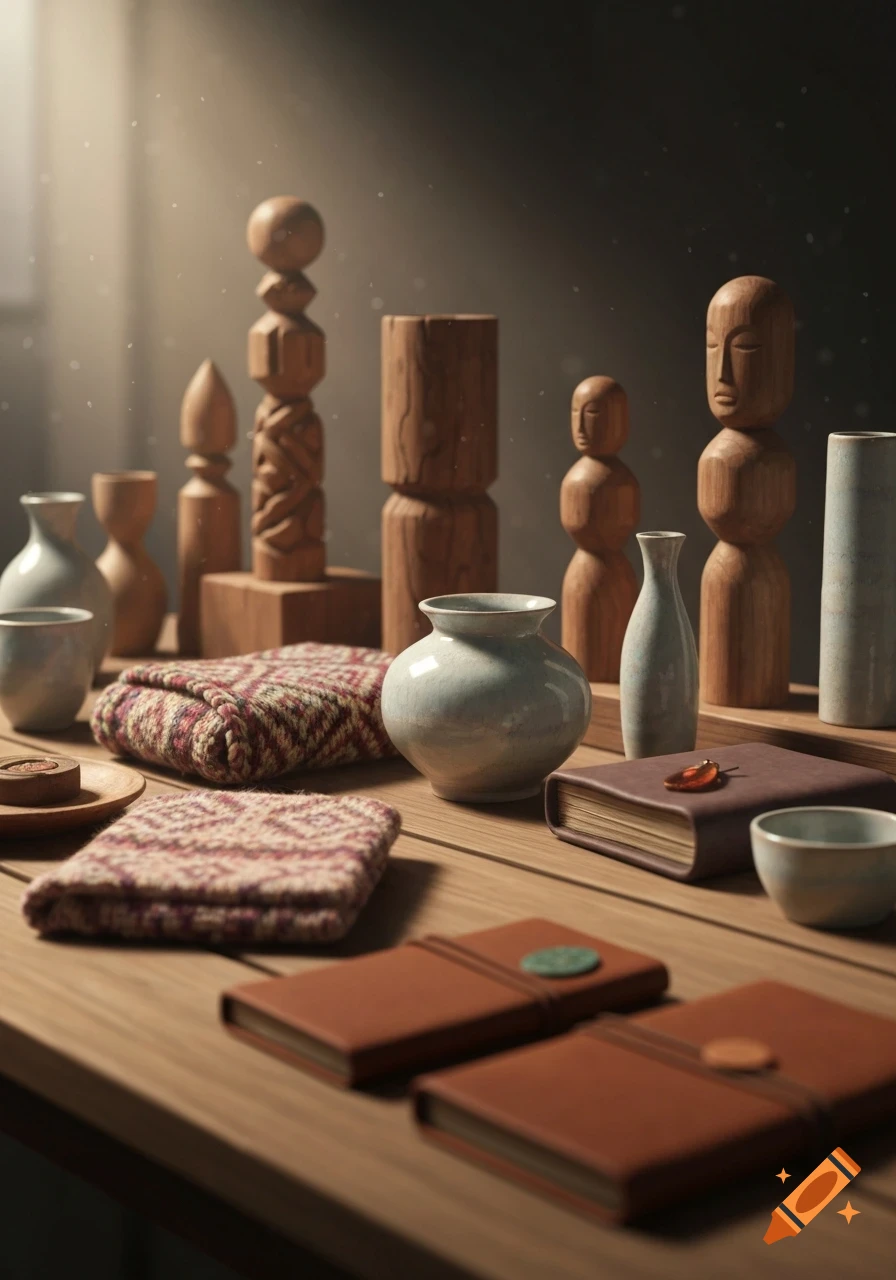 A still life of various handmade items on a wooden table, including wooden sculptures, ceramic vases, knit textiles, and notebooks.