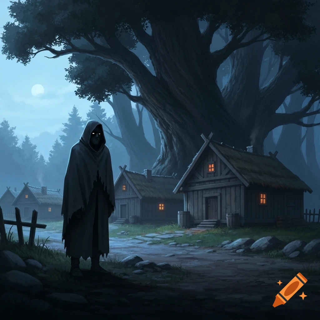 A shadowy, cloaked figure with glowing eyes stands in a dark fantasy village at dusk, with wooden houses and a large tree under a full moon.