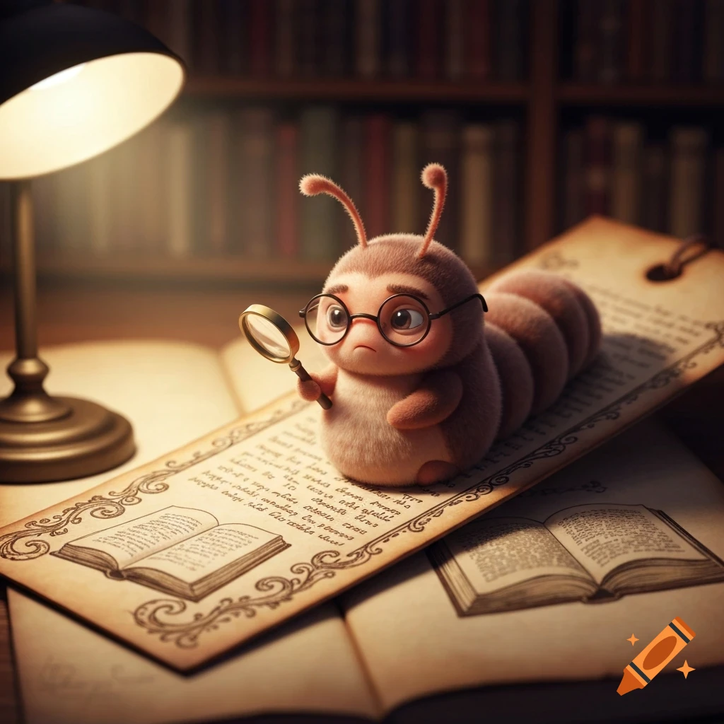 A cute, fluffy caterpillar with glasses and a magnifying glass sits on an ornate bookmark over an open book, illuminated by a lamp.