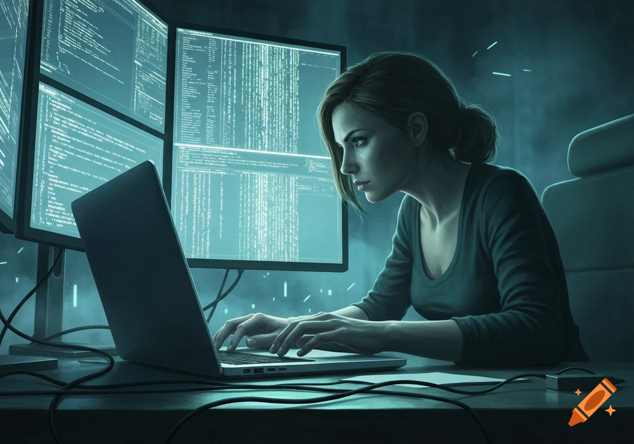 A woman intently types on a laptop with multiple monitors displaying bright code in a dark, digital art style.