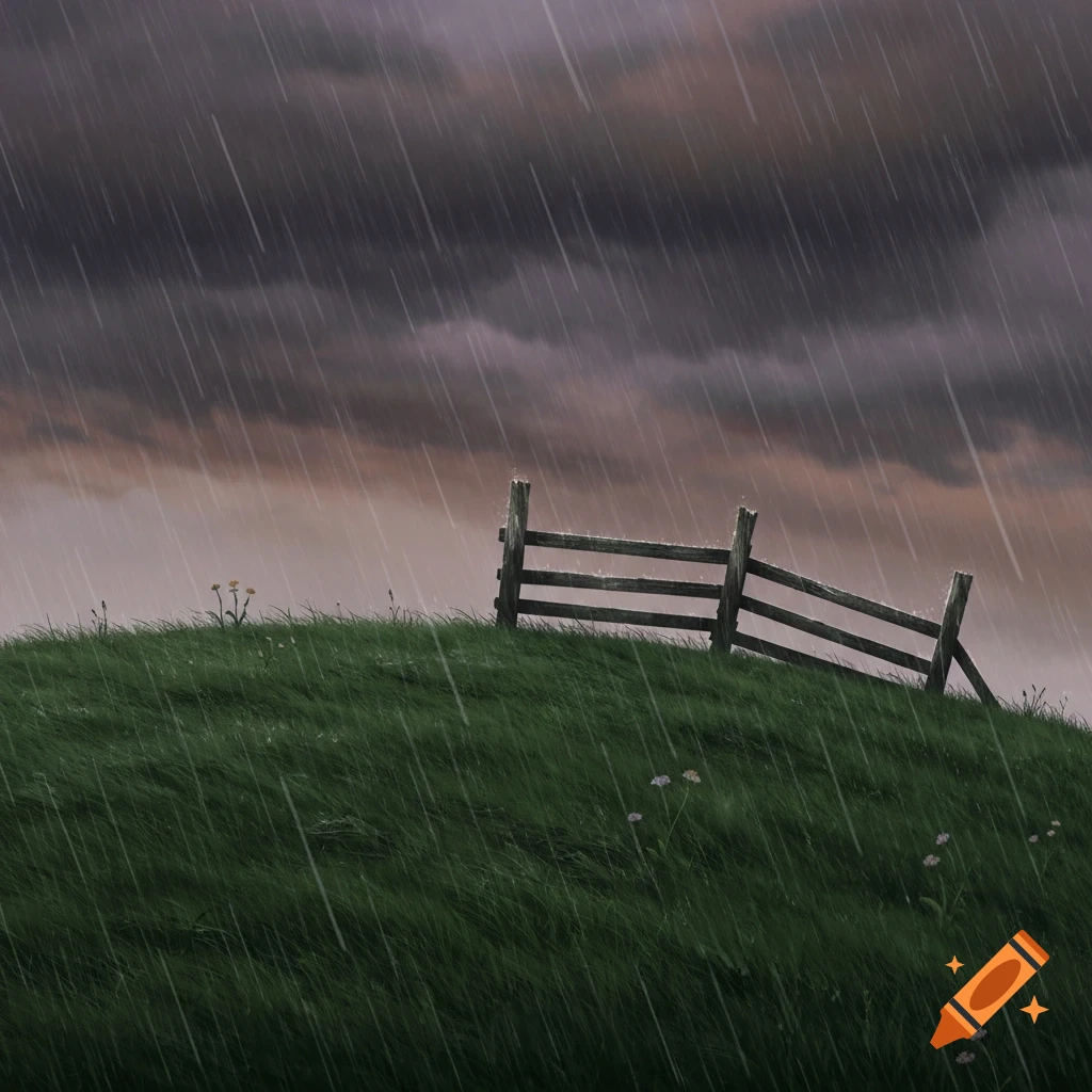 A rustic wooden fence stands on a green, grassy hill, with rain falling from a dark, stormy sky.