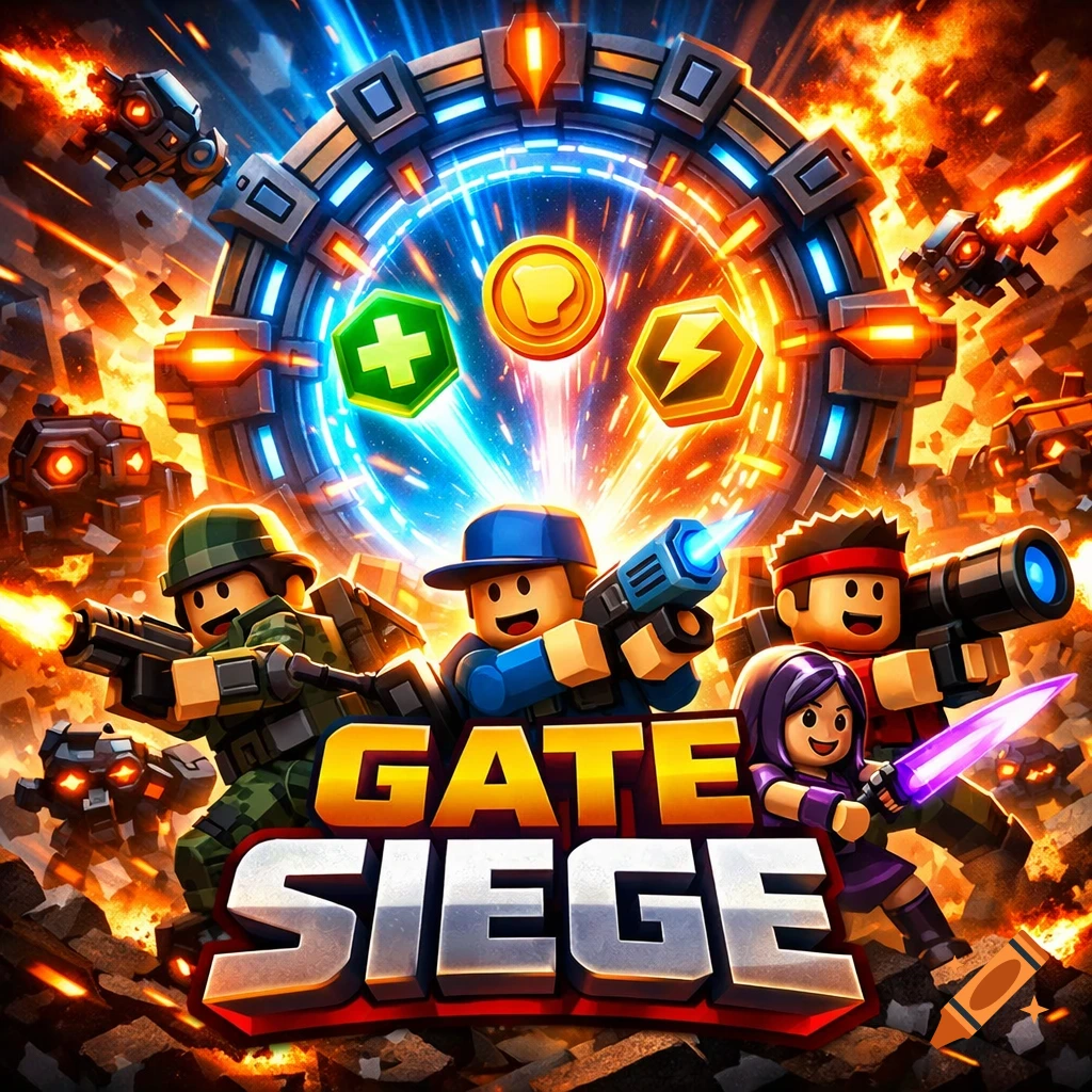 Vibrant Roblox-style game thumbnail for "Gate Siege" showing blocky characters in action on a battlefield with a glowing sci-fi portal.