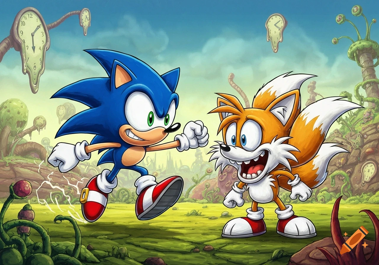 Sonic and Tails in a Ren and Stimpy cartoon style, standing in a surreal landscape with melting clocks and organic structures.