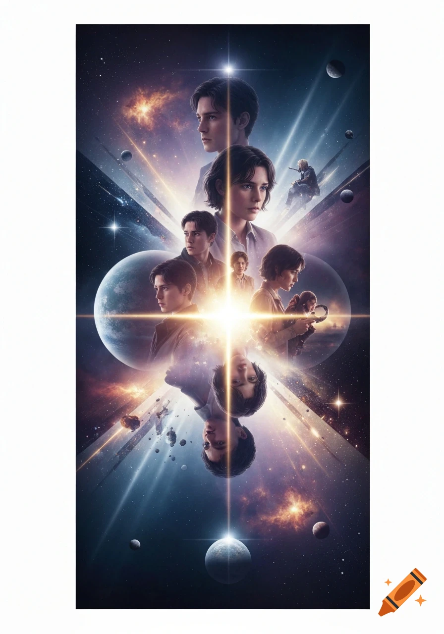 A vertical movie poster-style collage featuring multiple serious-faced young people against a dramatic cosmic space backdrop with planets, stars, and bright light emanating from the center.