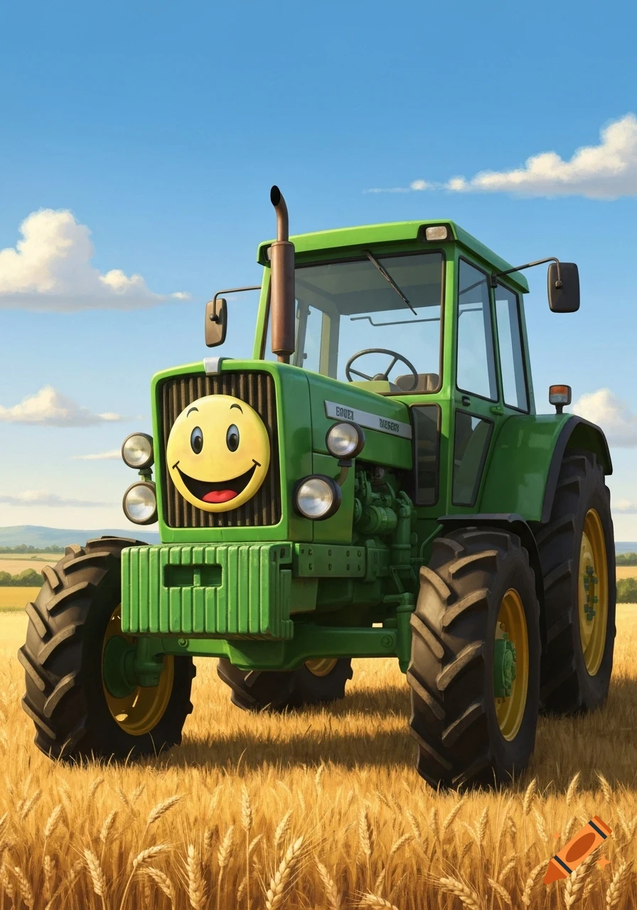 A vibrant green cartoon tractor with a yellow smiley face on its grill sits in a golden wheat field under a clear blue sky.