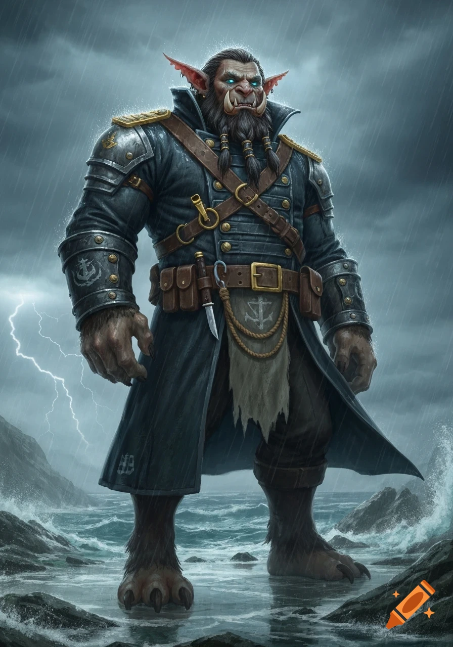 A towering, muscular goblinoid naval officer stands on a stormy, rocky shoreline as rain falls and lightning flashes. He has fur, tusks, glowing blue eyes, and wears a dark, metal-reinforced coat.