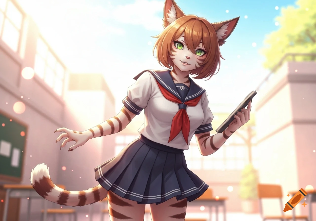 An anime cat girl in a school uniform with green eyes smiles while holding a tablet in a sunny classroom.