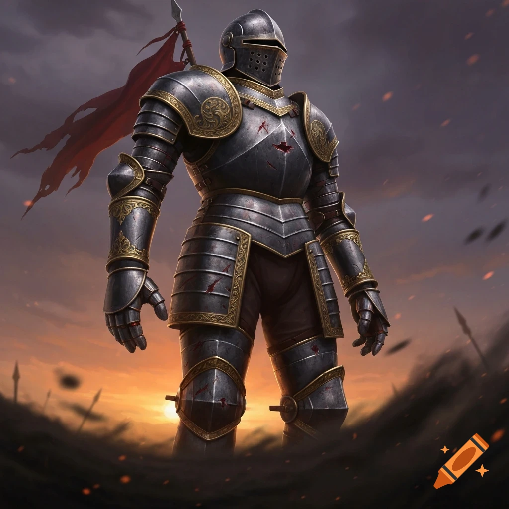 A knight in dark ornate armor stands on a battlefield at sunset, holding a tattered red flag.