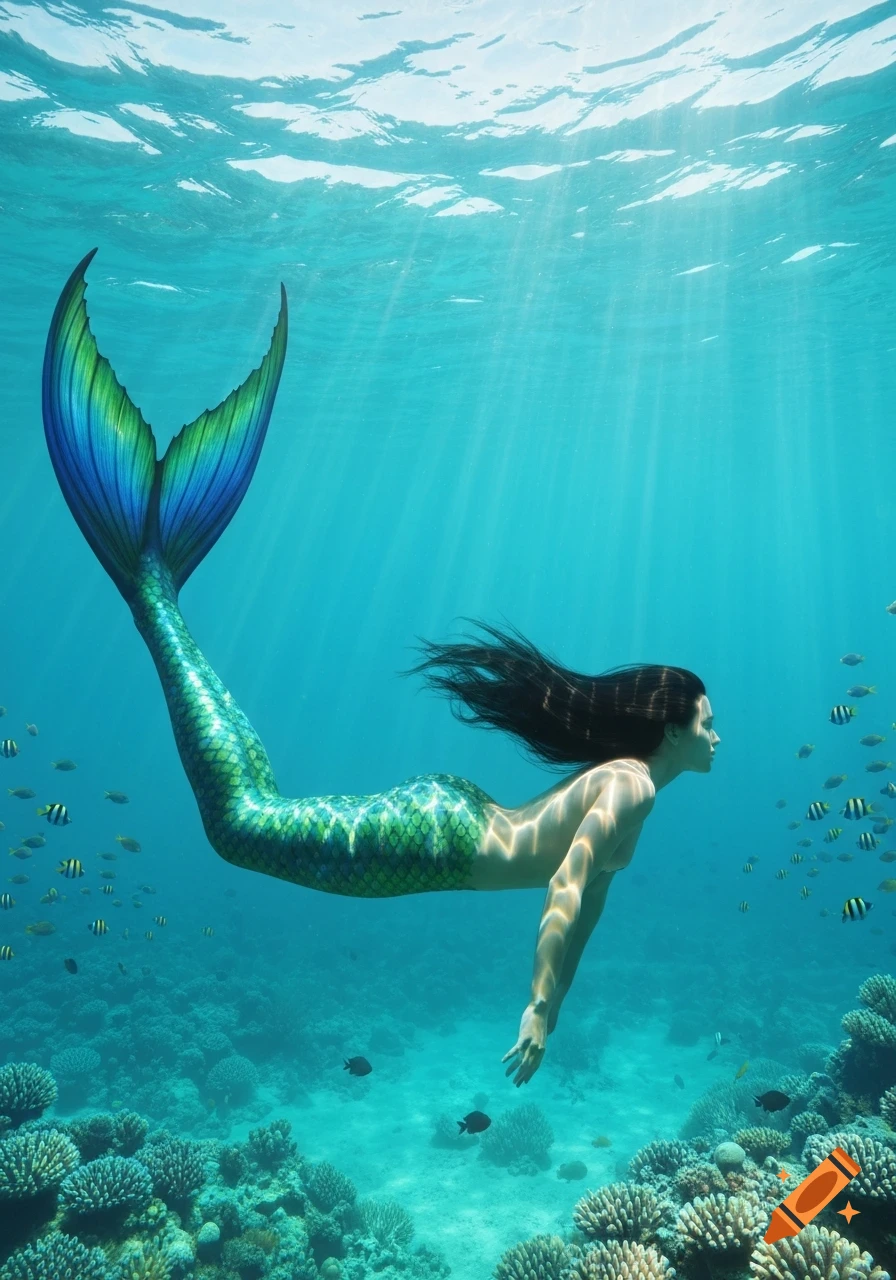 A photorealistic mermaid with dark hair and a shimmering green and blue tail swims gracefully over a vibrant coral reef, with sun rays.