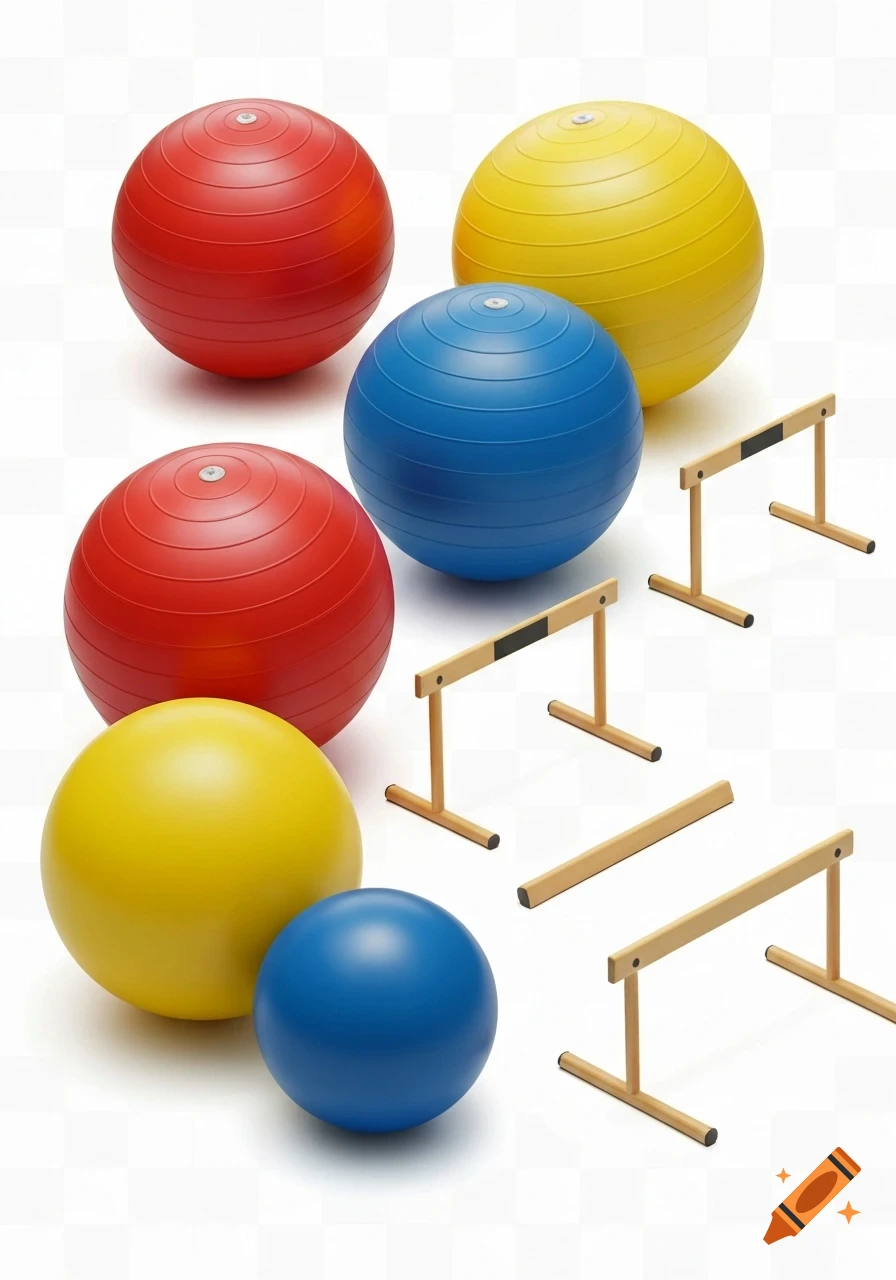 Several red, yellow, and blue gym balls are arranged alongside wooden hurdles on a white background.