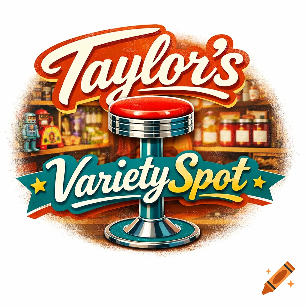 A retro-style logo for Taylor's Variety Spot, featuring a red diner stool against a blurred background of shelves, with stylized text.