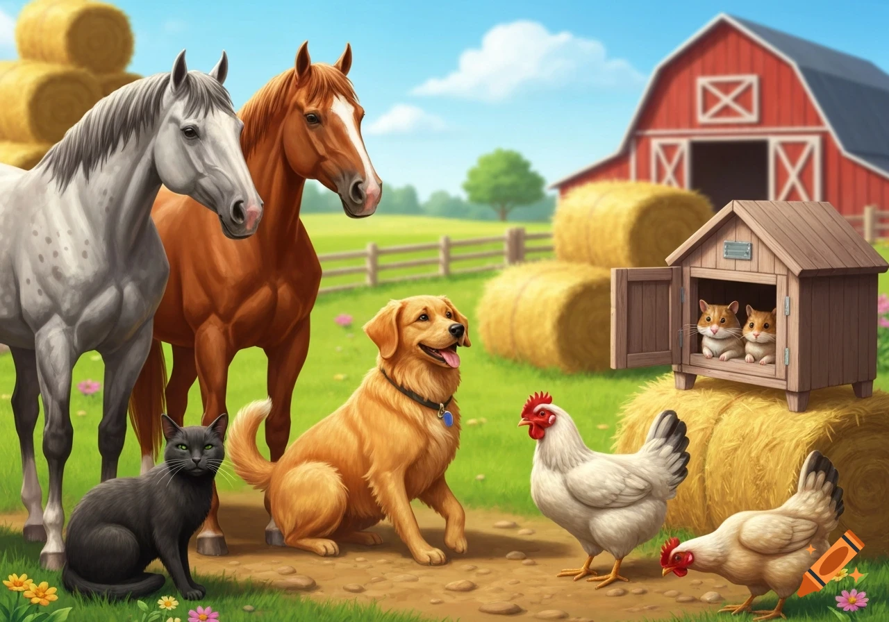 Farm animals in a sunny field with a red barn. Two horses, a dog, a black cat, two chickens, and two hamsters in a wooden house.