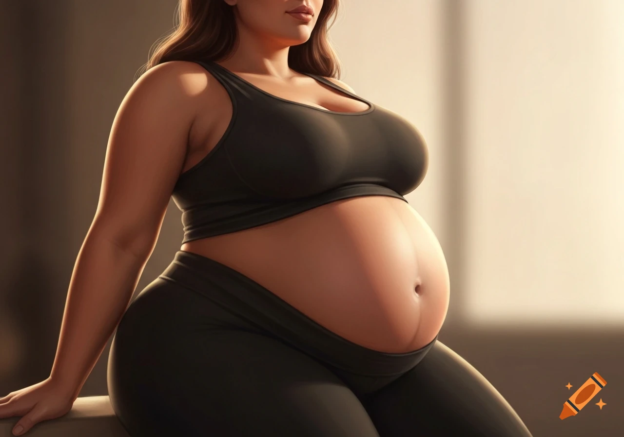 A pregnant Hispanic woman in a black sports bra and leggings, sitting in soft light, photorealistic style.