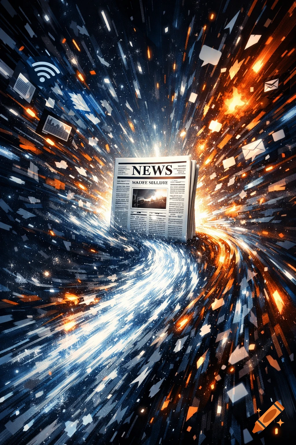 A newspaper with "NEWS" on the cover glows in the center of a swirling vortex of blue and orange light streaks and digital information icons.