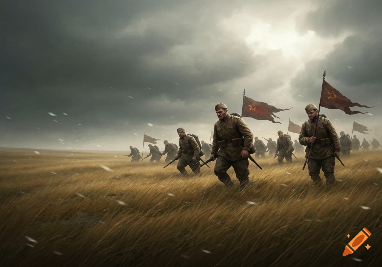 Red Army soldiers march across a snowy, golden field under a stormy sky, carrying tattered flags.