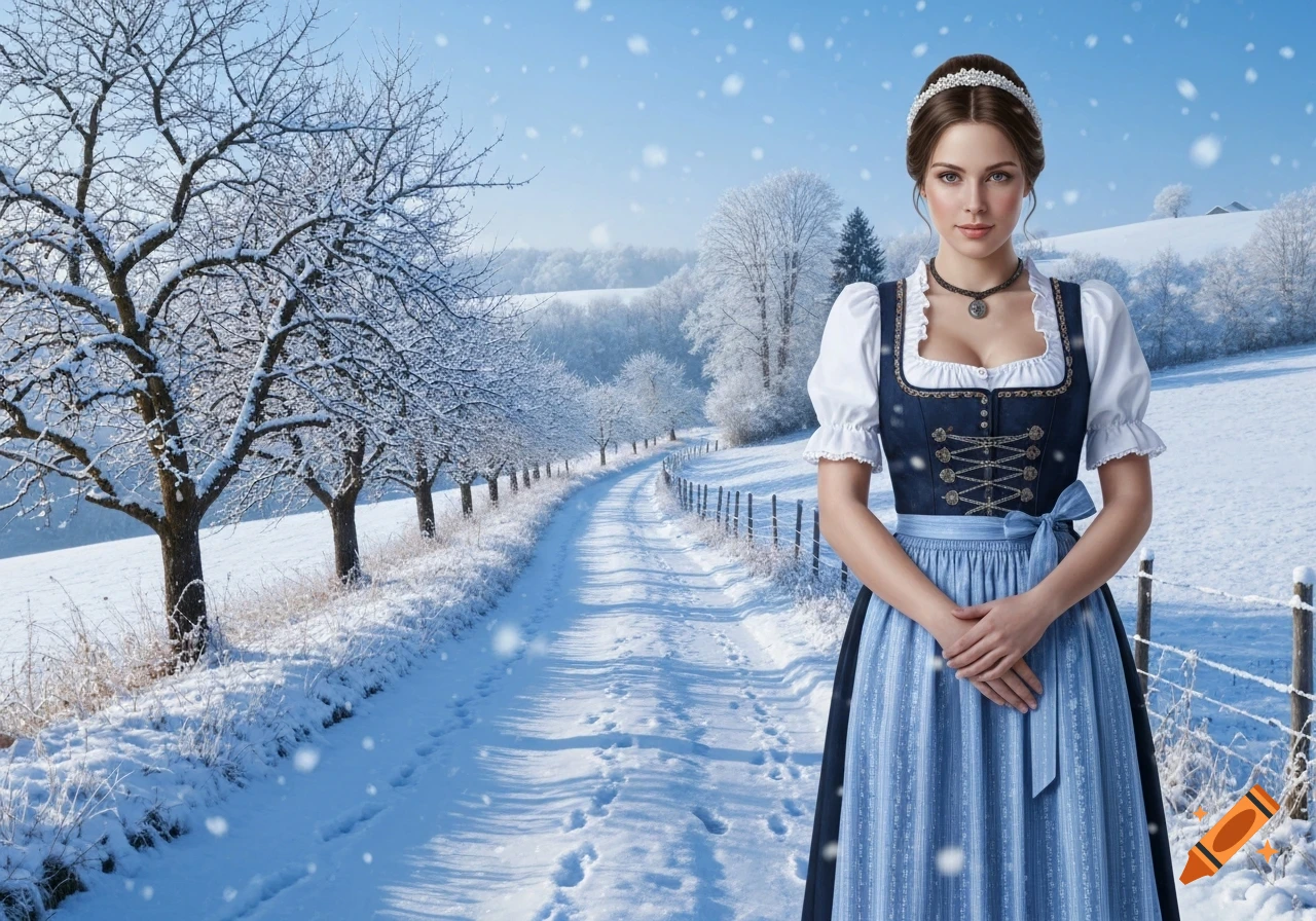 A woman in a traditional blue dirndl stands on a snowy path lined with bare, snow-covered trees in a winter landscape.
