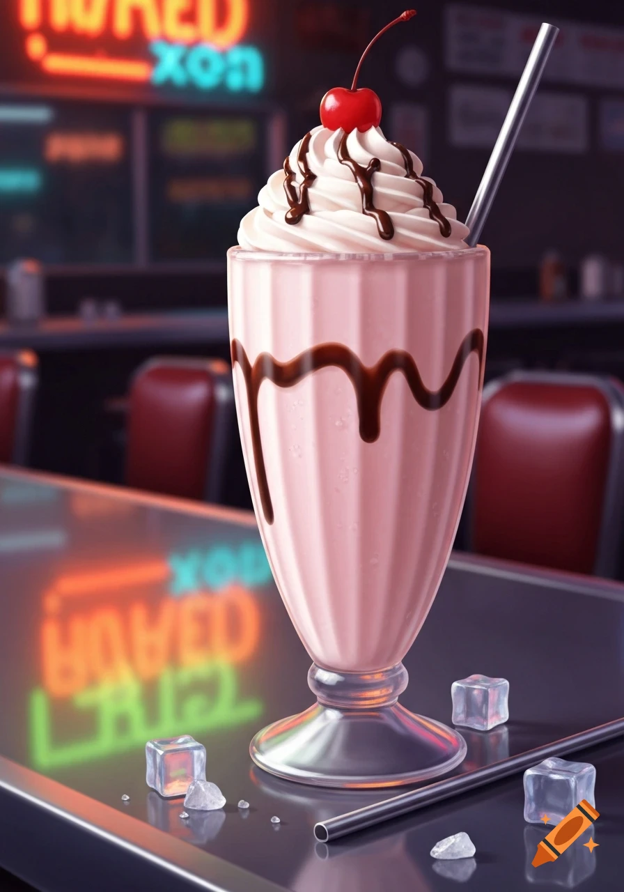 A pink milkshake with whipped cream, chocolate syrup, and a cherry on top, served in a tall glass with a straw, on a reflective counter in a diner setting.
