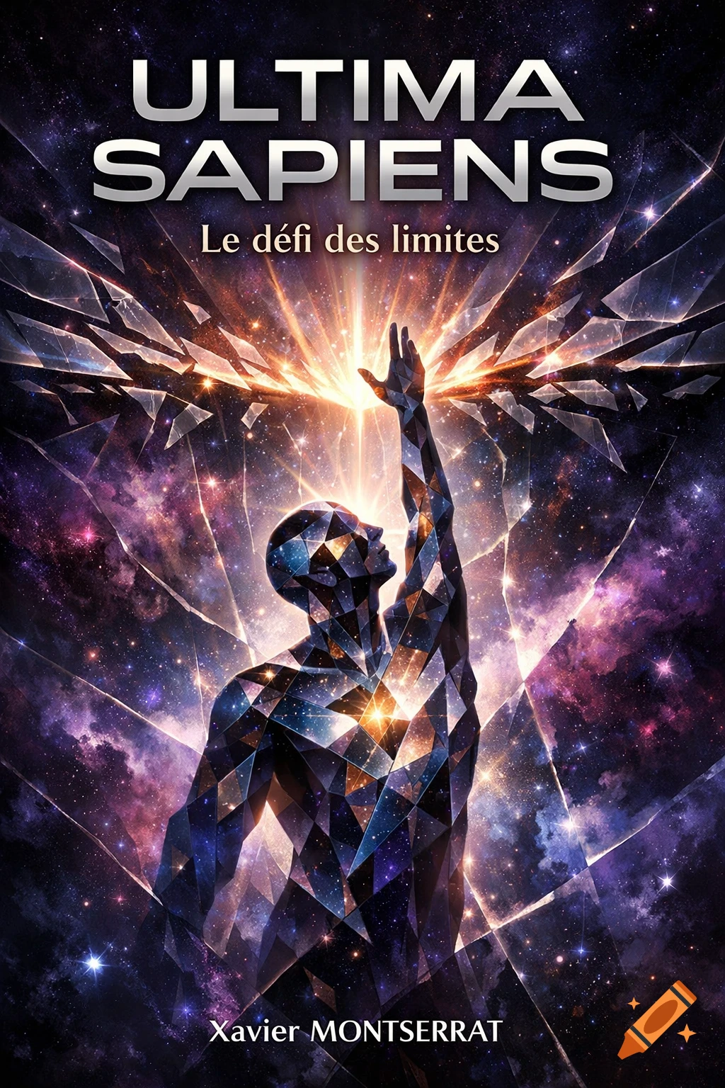 Polygonal figure reaching for a bright light through shattered glass against a cosmic background, book cover for 'ULTIMA SAPIENS'.