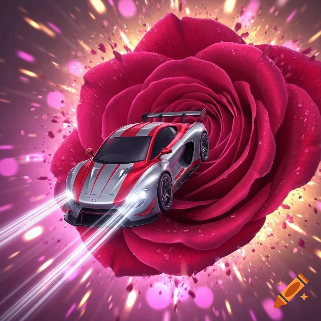 A silver and red sports car with glowing headlights flying over a large red rose with sparkling effects in a digital art style.