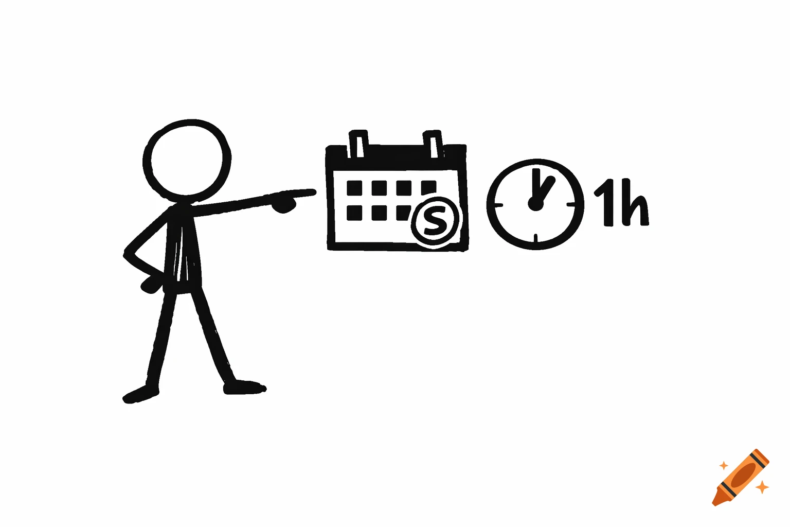 A simple black and white stick figure points to a calendar icon with an 'S' and a clock icon with '1h'.