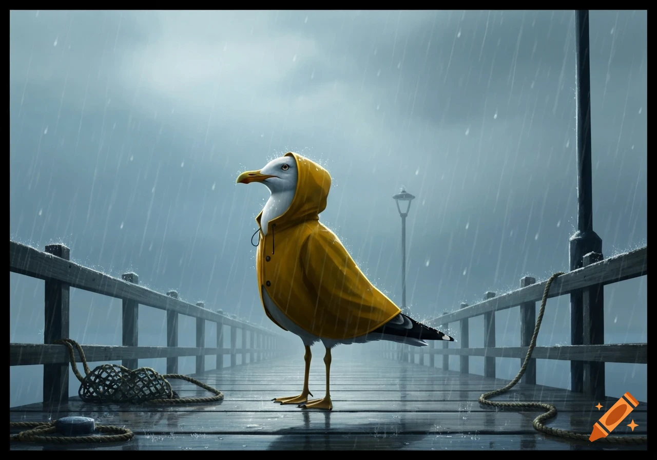 A seagull wearing a yellow raincoat stands on a wooden pier in the heavy rain, with streetlights in the background.