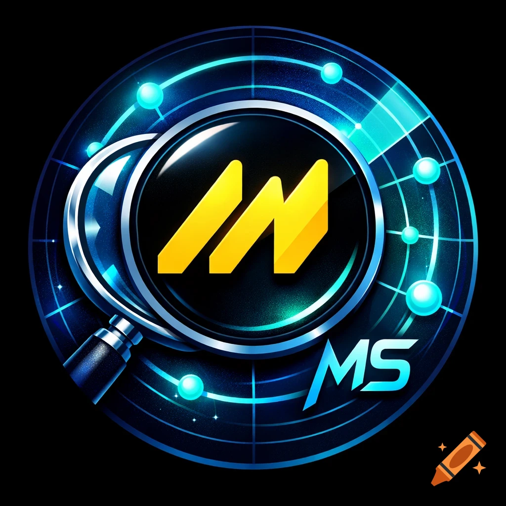 A circular digital icon with a yellow stylized 'M' logo, a magnifying glass, and radar elements in blue-teal gradients.