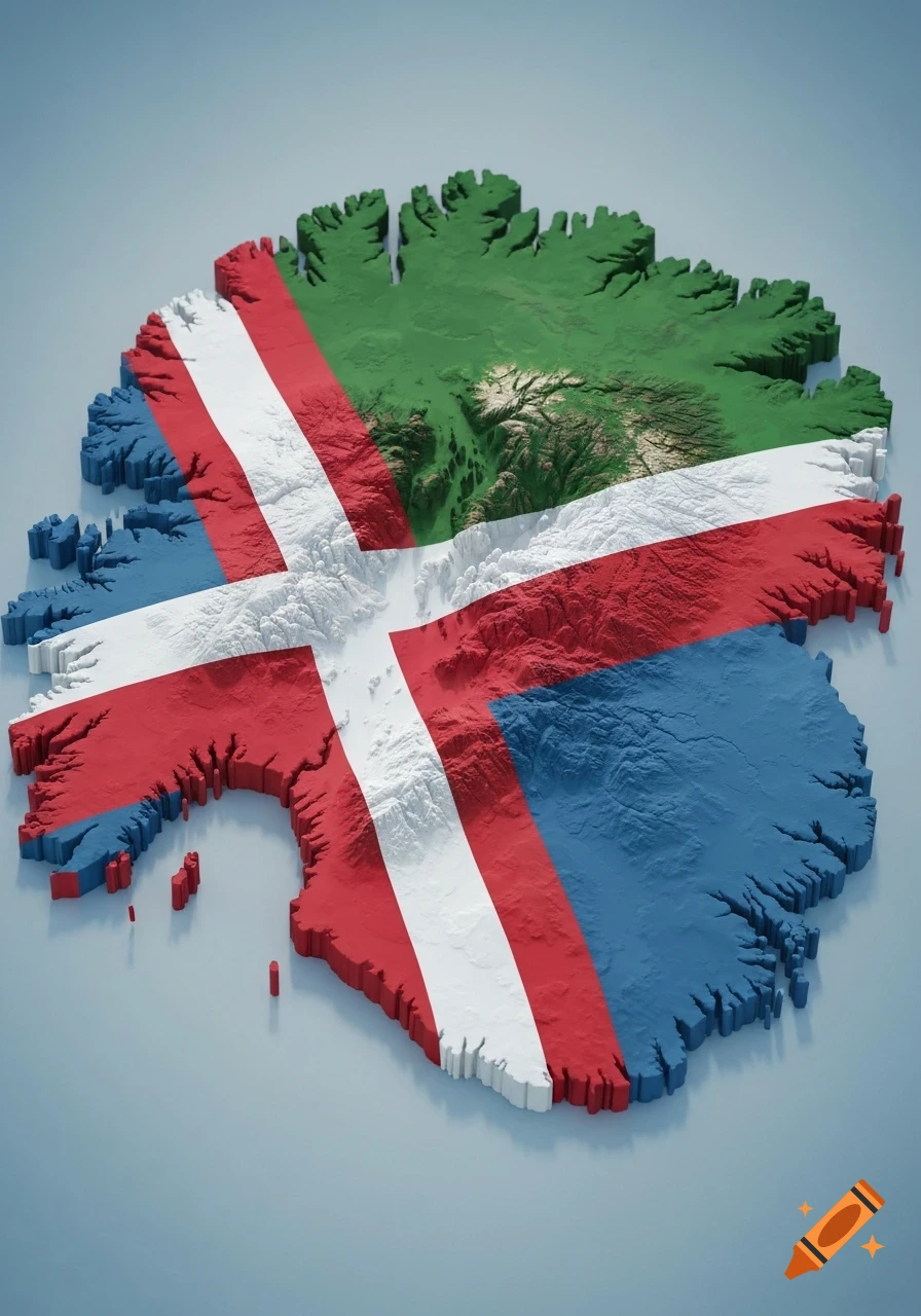 A 3D relief map of Greenland patterned with the red and white Nordic cross of the Danish flag, showing green mountains and blue coastlines.