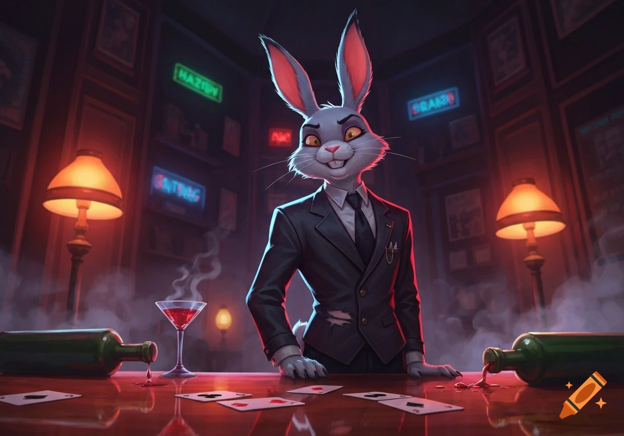 An anthropomorphic rabbit in a dark suit stands behind a bar table with overturned bottles, a cocktail, and playing cards, in a dim, smoky room with neon signs.