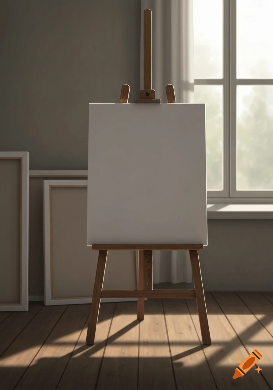 A wooden easel holds a blank white canvas, bathed in sunlight from a window, in an art studio.
