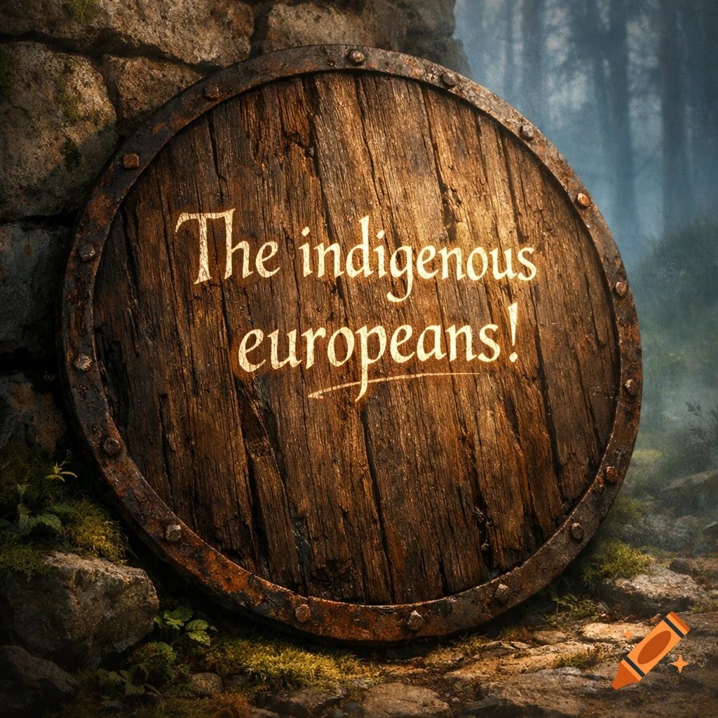A round wooden shield with metal rivets, bearing the text 'The indigenous europeans!', leans against a mossy stone wall in a forest setting.