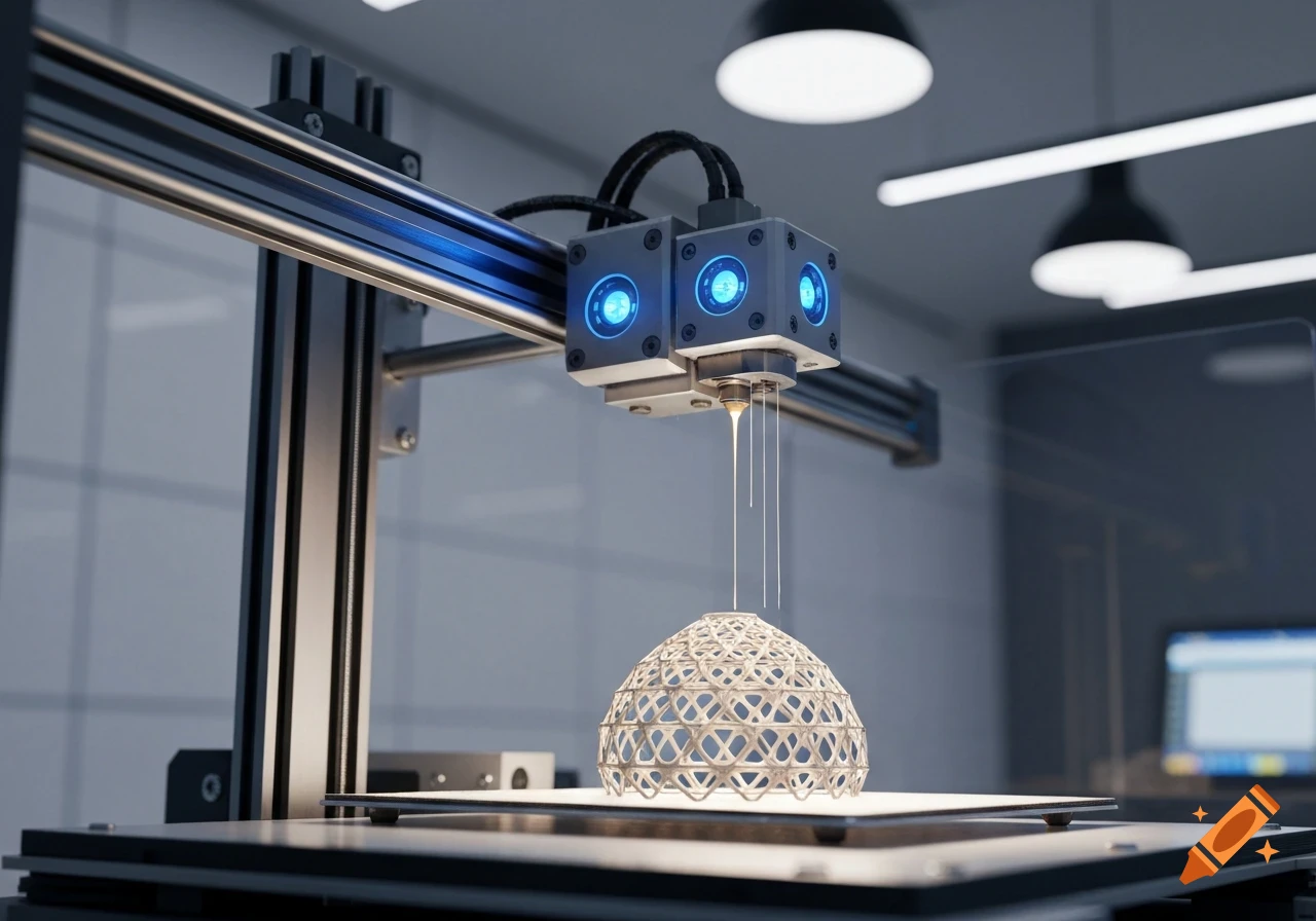 A close-up shot of a modern 3D printer creating a complex, white geometric dome structure in a well-lit lab.