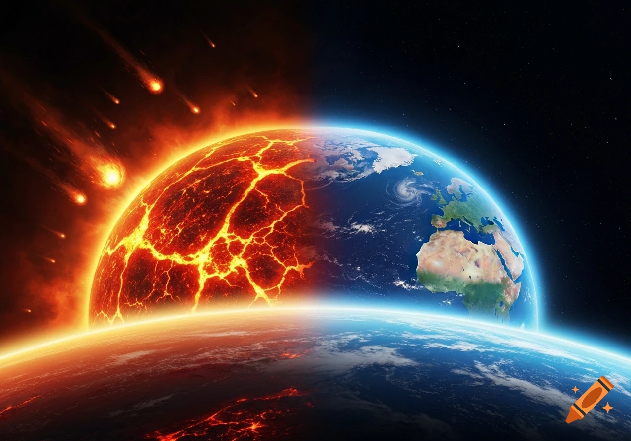 A planet split in half, one side a fiery, molten landscape with meteor impacts, the other a vibrant blue Earth with continents and oceans, against a starry space background.
