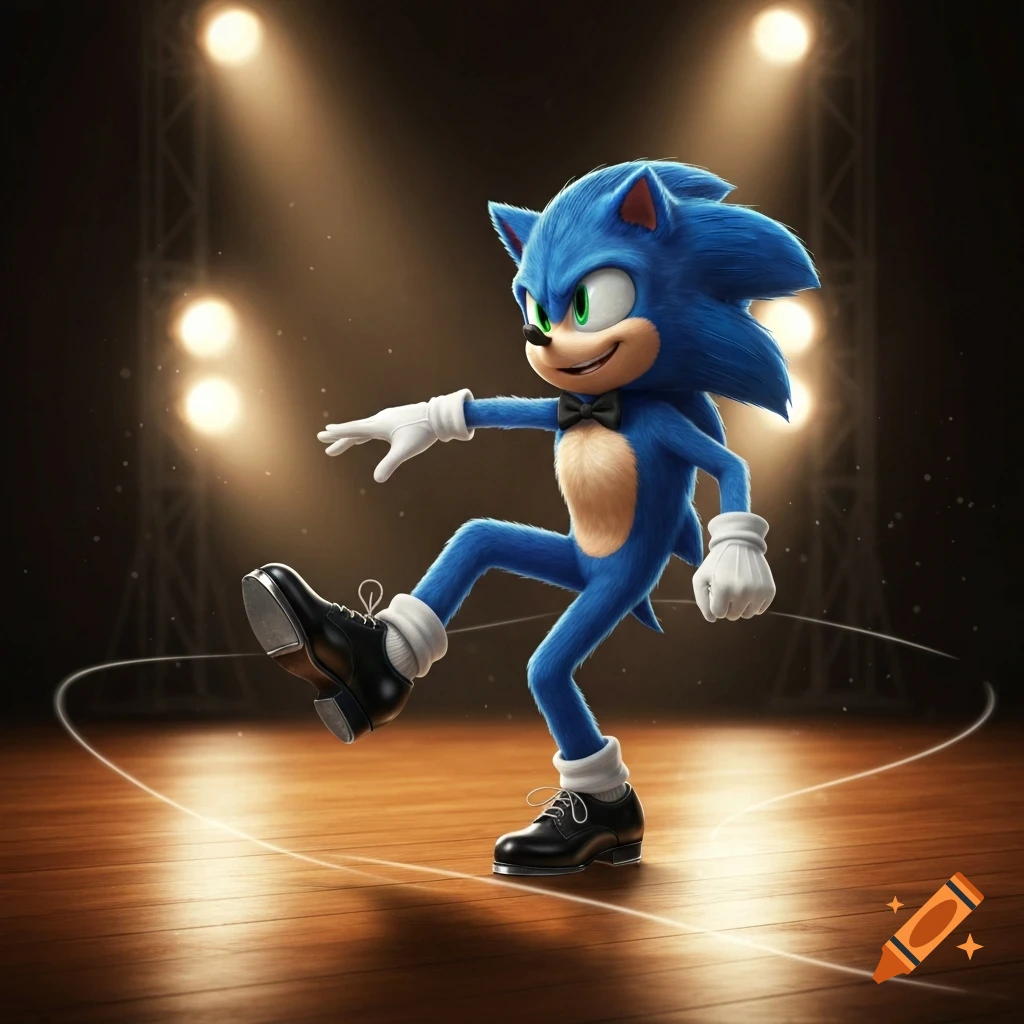 Sonic the Hedgehog tap dancing on a wooden stage with spotlights, wearing a black bow tie, white gloves, and black tap shoes.