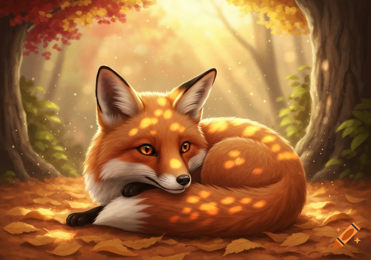 A red fox lies curled on autumn leaves in a sun-dappled forest, bathed in golden light.