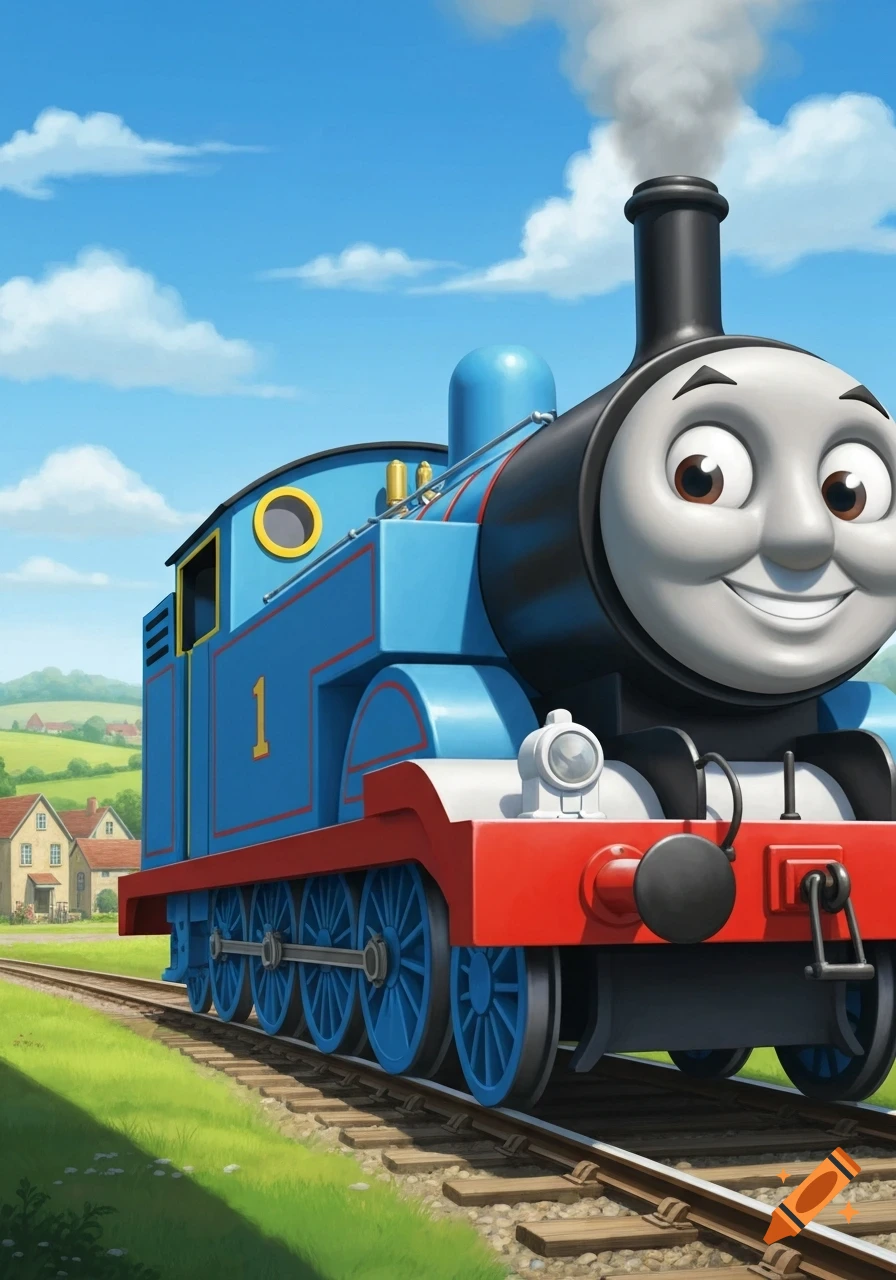 Thomas the Tank Engine smiling on train tracks with a countryside background under a blue sky.