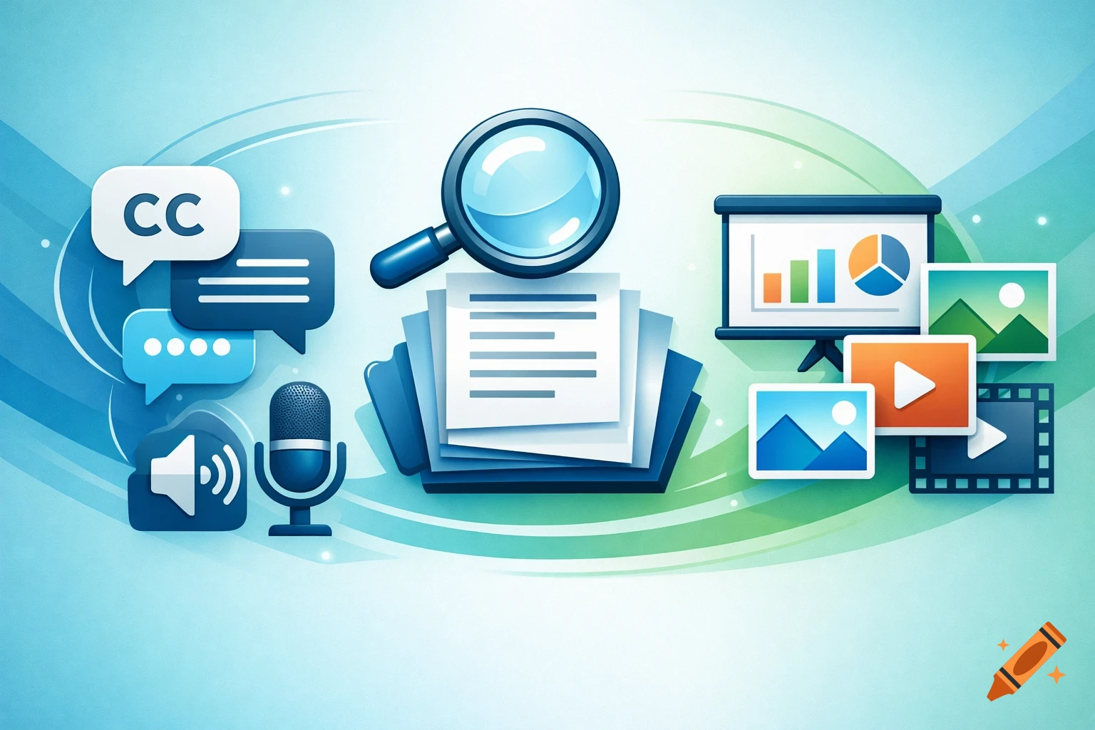 A vibrant illustration of digital content icons: search, documents, presentation, images, video, captions, microphone, and speaker.