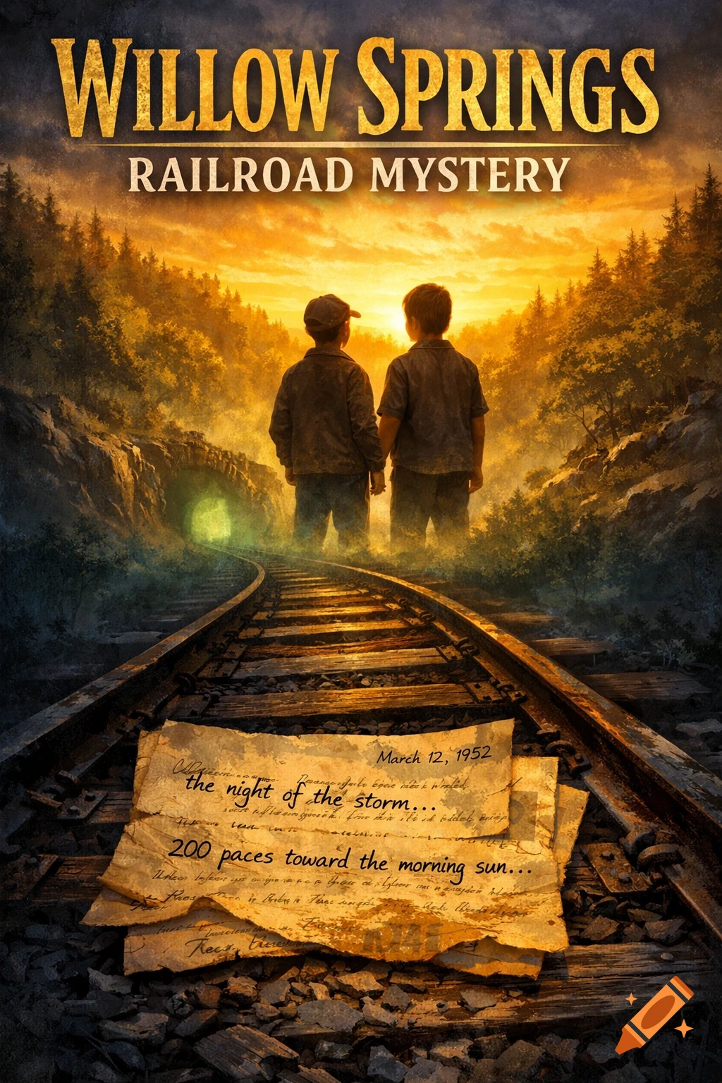 Book cover art featuring two boys on railroad tracks looking towards a sunlit forest and glowing tunnel, with a tattered letter on the tracks. Title: Willow Springs Railroad Mystery.