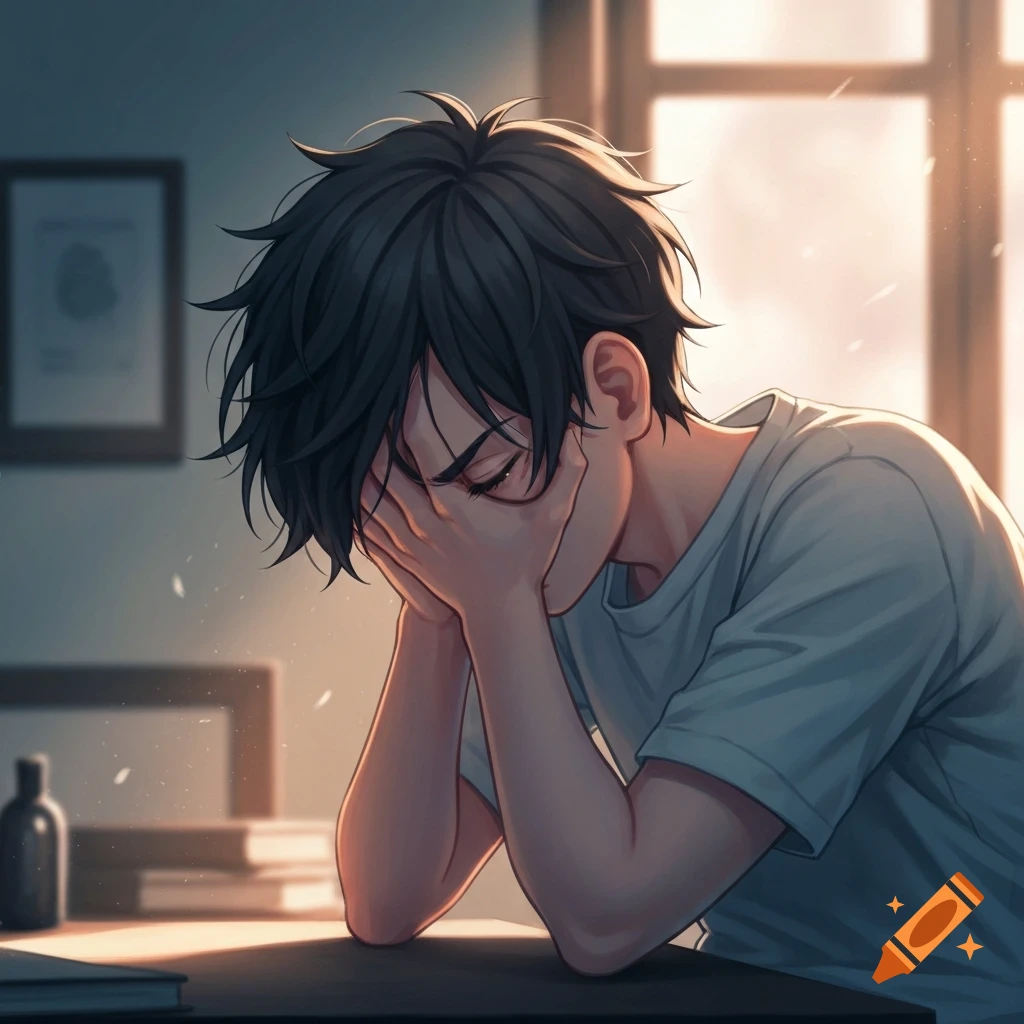 An anime boy with dark hair holds his head in his hands at a desk, appearing sad or distressed, with soft light from a window.