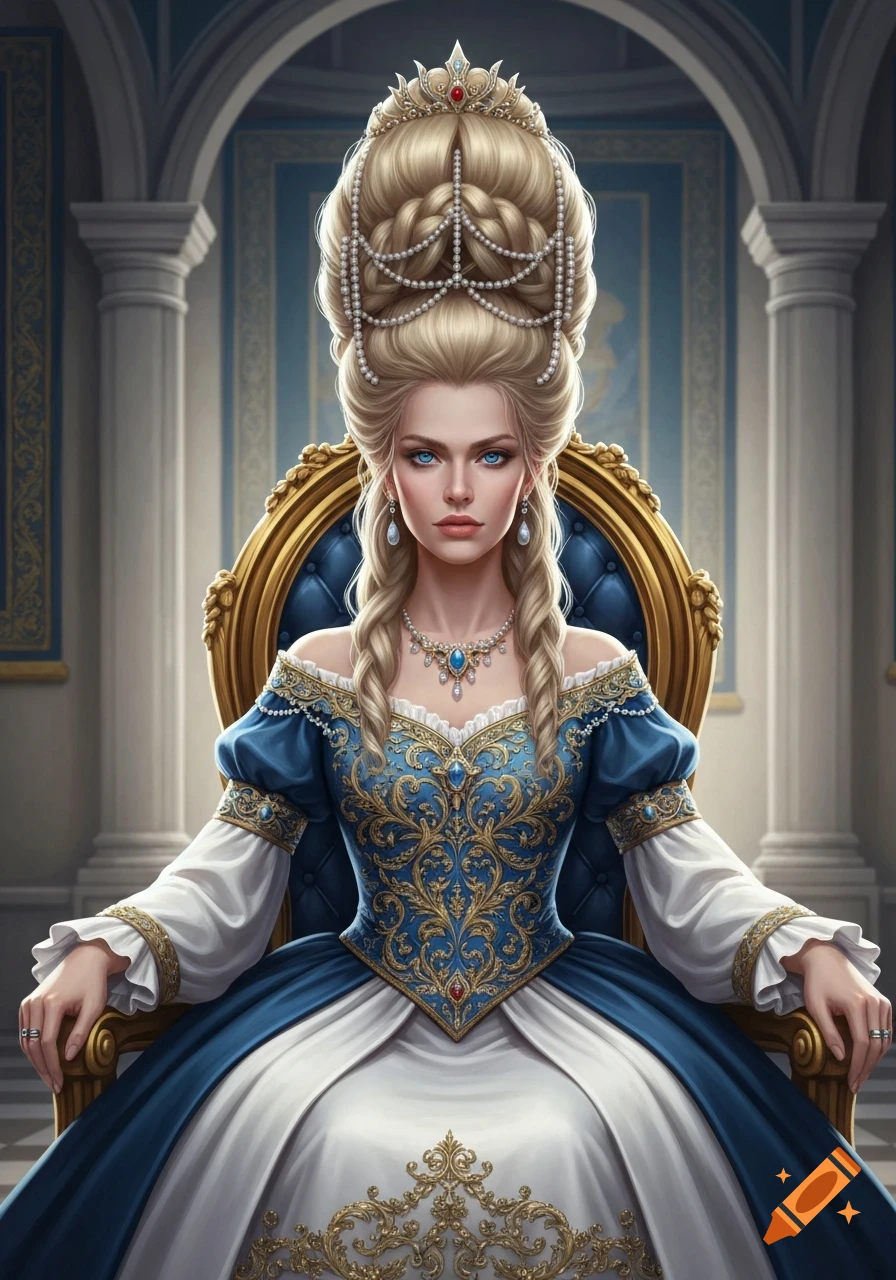 A fantasy queen with an elaborate blonde updo, pearls, and blue eyes, in a blue and white Rococo gown, sitting on a gold throne.