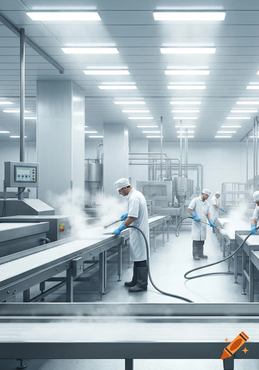 Workers in white coats and blue gloves clean food production lines with high-pressure steam in a sterile, brightly lit factory.