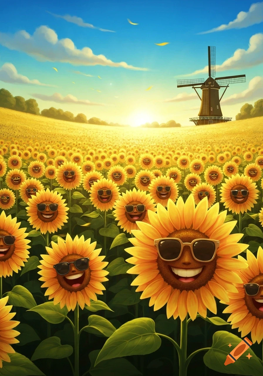 A vibrant field of smiling sunflowers wearing sunglasses, under a blue sky at sunset, with a classic windmill in the background.