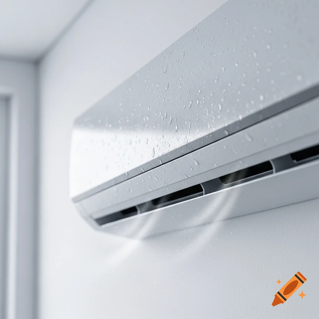Close-up of a white air conditioner unit on a light wall, covered in clear water droplets, with a subtle mist around the vents.