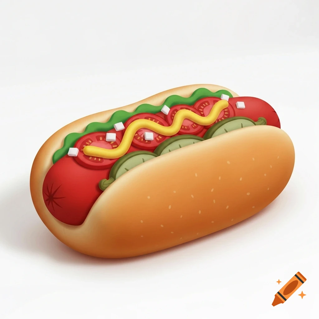 A soft, plush-style hot dog in a bun with mustard, ketchup, relish, tomatoes, and onions on a white background.