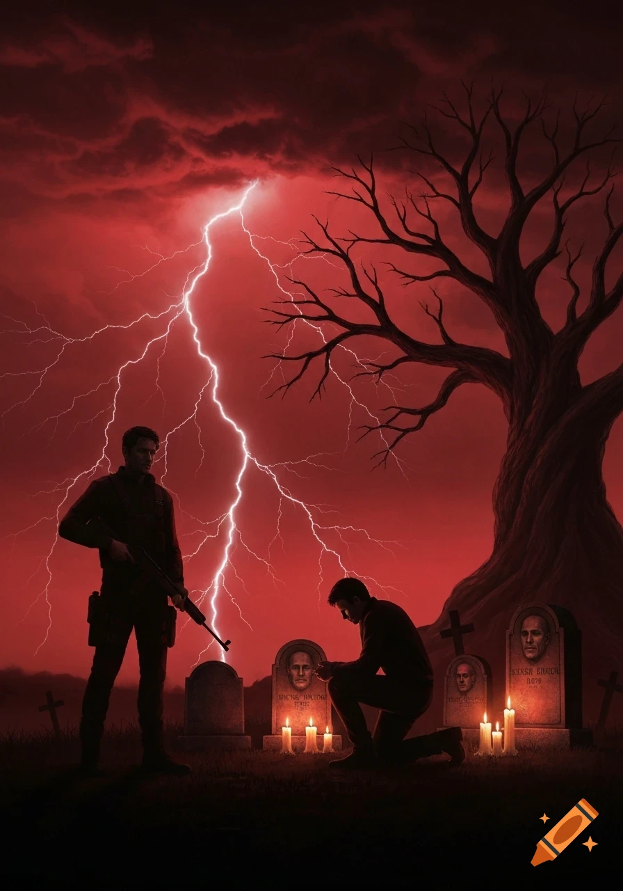 Two men in a graveyard under a stormy red sky with lightning; one stands with a rifle, another kneels by candlelit gravestones beneath a gnarled tree.