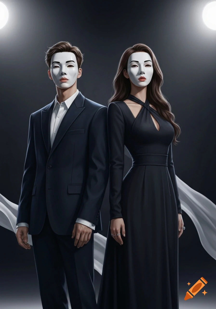 Stylized portrait of a masked male and female K-pop idol in formal black attire against a dark background with spotlights.