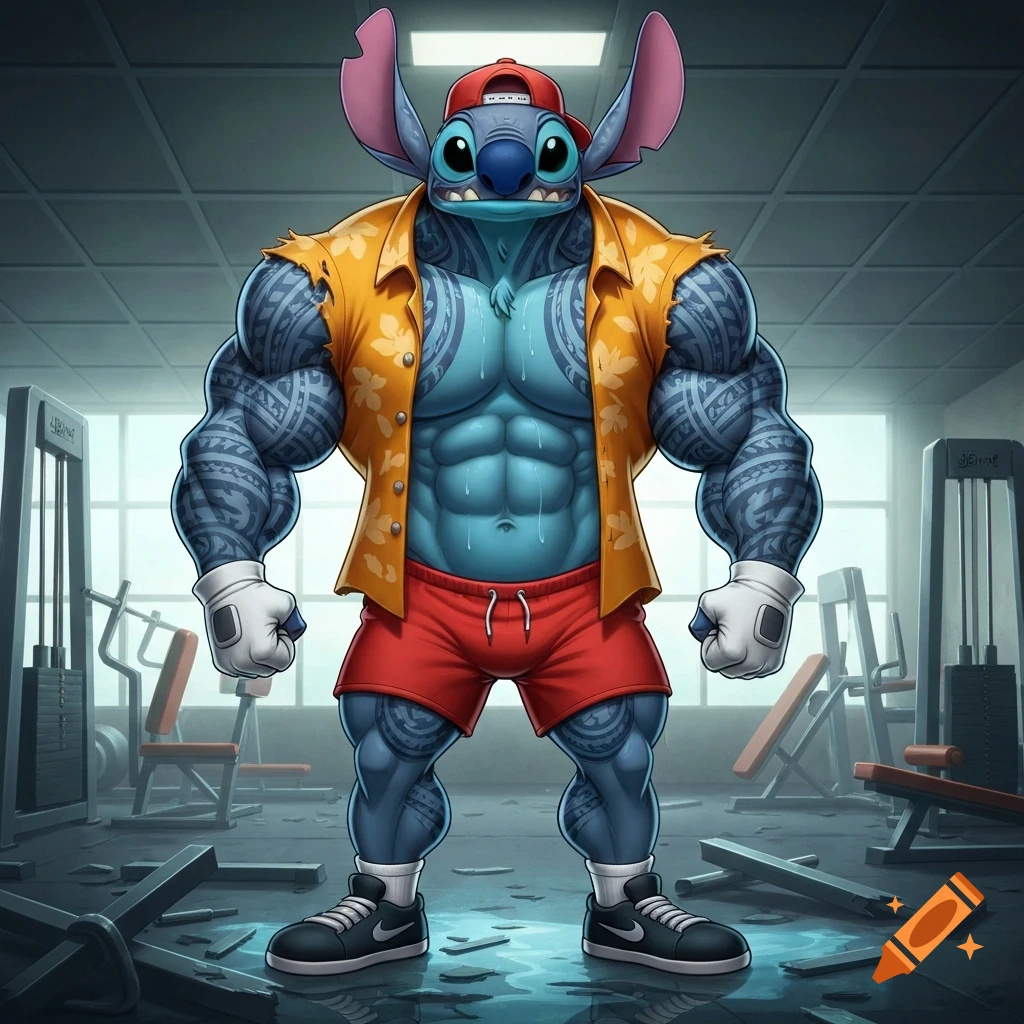 A freakishly muscular Stitch from Lilo & Stitch, wearing a red cap, unbuttoned yellow Hawaiian shirt, red shorts, and white gloves, stands in a damaged gym surrounded by broken equipment and sweat, in a 2-D Disney style.